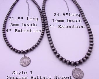 Collar de perlas navajo de imitación de níquel búfalo, dos tamaños disponibles