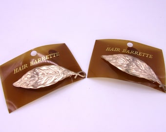 Gold Leaf Hair Barrettes Clips,Pair Metal Leaf Hair Barrettes,1970s New Old Stock Gold Plated Metal Leaf Hair Barrettes,
