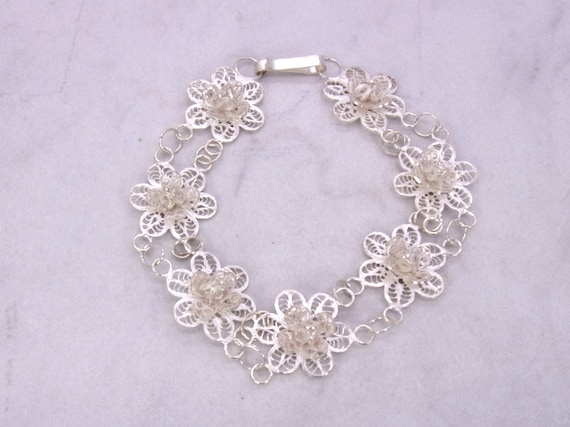 Vintage Silver Filigree Flower Bracelet,Sterling … - image 1