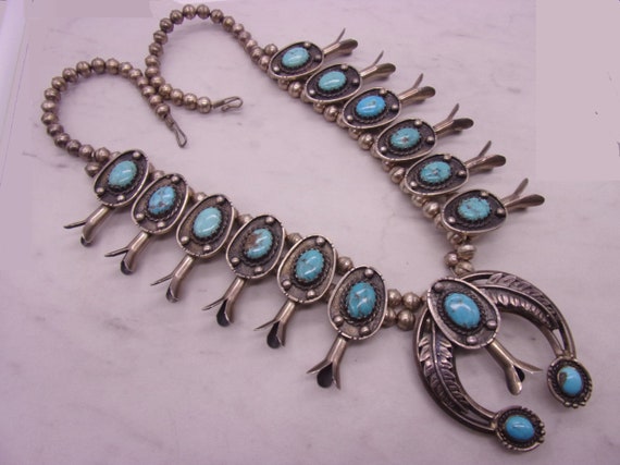 Navajo Turquoise Squash Blossom, Vintage 1950s Na… - image 1