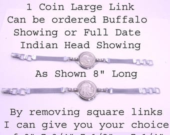 Buffalo Nickel Bracelet Flat Mesh Band Full Date,Buffalo Showing Choice of Sizes Large Link