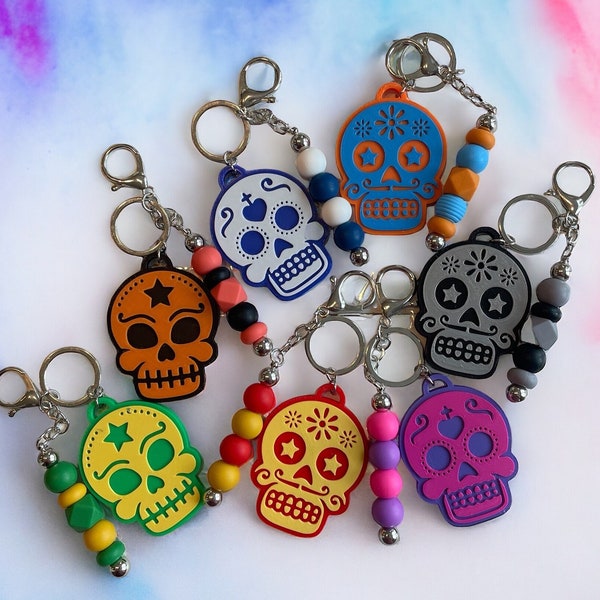 3D Printed Sugar Skull Keychain with Silicone Bead Accent - Day of the Dead Accessories