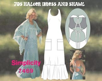 Halter dress maxi sundress sewing pattern PDF vintage 1970s Simplicity 7496 printable sewing pattern and tutorial for beginners