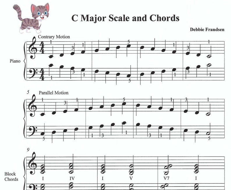 Op de afbeelding: Een blad muziek met een cartoonkat bovenaan. De muziek is voor een piano en toont de C-majeurschaal en akkoorden. De titel van het blad muziek is "C Major Scale and Chords".