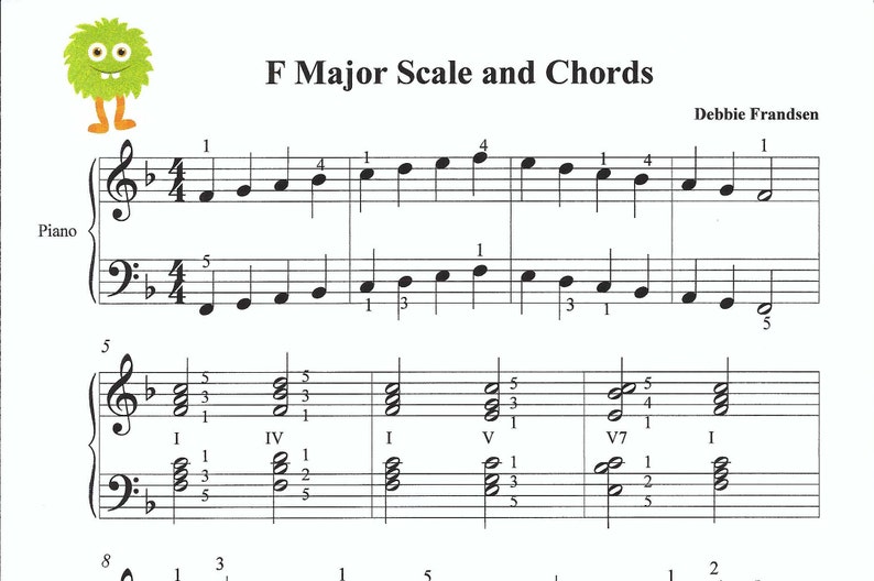 Op de afbeelding: Een blad met muziek met een groen monsterfiguur bovenaan. De muziek is getiteld "F Major Scale and Chords" en bevat de naam "Debbie Frandsen". De muziek is geschreven voor piano en bevat noten en akkoorden.