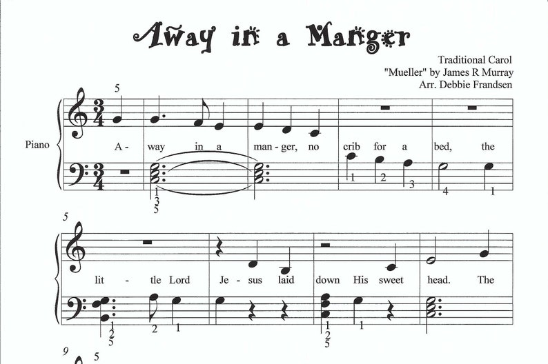 Away in a Manger piano sheet music, Christmas sheet music, piano, let's play music, easy piano sheet music, easy Christmas piano, fun, easy image 1