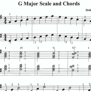 Op de afbeelding: Een blad met muziek met een blauw monsterfiguur bovenaan. De muziek is voor piano en toont de G-majeurschaal en akkoorden. De titel is "G Major Scale and Chords" en de componist is "Debbie Frandsen".