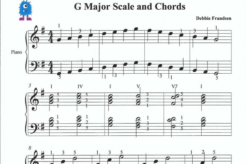 Op de afbeelding: Een blad met muziek met een blauw monsterfiguur bovenaan. De muziek is voor piano en toont de G-majeurschaal en akkoorden. De titel is "G Major Scale and Chords" en de componist is "Debbie Frandsen".