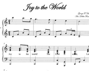 Joy to the World, easy Christmas piano sheet music, key of C, chords, octaves, early intermediate