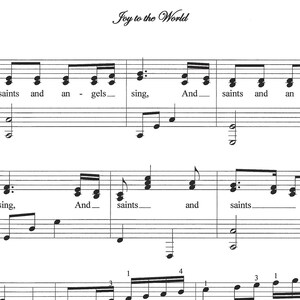 Joy to the World, easy Christmas piano sheet music, key of C, chords, octaves, early intermediate image 2