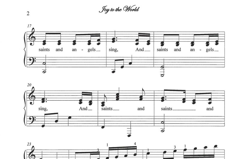 Joy to the World, easy Christmas piano sheet music, key of C, chords, octaves, early intermediate image 2