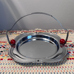 ART DECO 1930&#39;s Chrome Serving Dish with red Bakelite ball accents and service spoon slot