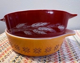 Vintage Pyrex 471 Tab Handle baker pair- Autumn Harvest and Town and Country Casserole dishes