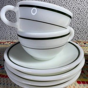 Pyrex Double Emerald Green Band Milk Glass Cups and Saucers - Set of 4