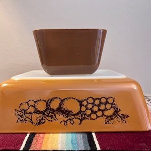 Vintage Pyrex Pair Old Orchard Refrigerator Dishes | Brown and Orange Pyrex, No Lids