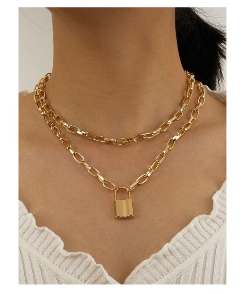 Gold Link Chain Necklace Lock Necklace Safety Pin Gold Choke Etsy UK