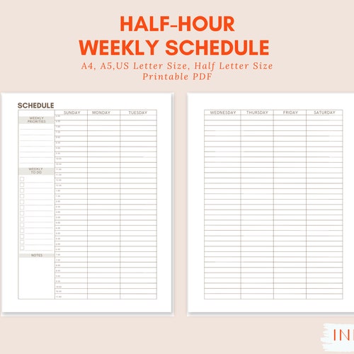 Half Hour Weekly Schedule Weekly Planner Printable Week at a - Etsy