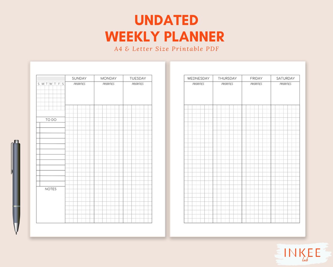 Minimalist Undated Weekly Planner Two Page Weekly Planner - Etsy