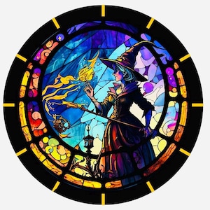 May include: A stained glass window design depicting a witch holding a glowing orb in her hand. The witch is wearing a pointed hat and a long, flowing robe. The background is a vibrant mix of blue, purple, and yellow.