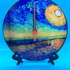 Glass Clock with stand - Beach Sun (Vincent van Gogh style)