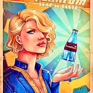 Può includere: Una pubblicità in stile retrò per Quantum, una bevanda, con una donna in tuta blu che tiene una bottiglia di Quantum. Il testo sul poster recita "A Quantum Leap-in-Taste."