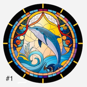 May include: A stained glass clock featuring a blue dolphin leaping out of a blue wave. The clock face is surrounded by a colourful stained glass design with yellow, red, and orange accents.