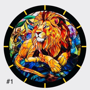 May include: A stained glass clock featuring a colourful lion with a black background and yellow numbers.