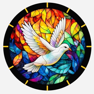 May include: A circular stained glass design featuring a white dove flying through a colourful background of leaves and flowers.