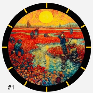 May include: A circular clock with a black frame and yellow numbers. The clock face features a painting of a field of red flowers with a winding river and several figures in the distance. The sky is a vibrant orange and yellow with a bright yellow sun.
