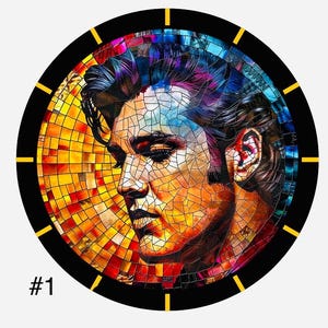 May include: A colourful mosaic clock featuring a portrait of Elvis Presley. The clock face is a circular mosaic of yellow, orange, red, blue, and purple tiles. The portrait is in the centre of the clock face and is surrounded by a black border with yellow accents.
