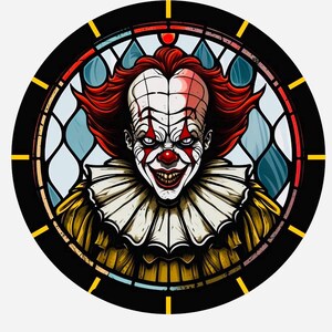May include: A scary clown with red hair and a white and red face is depicted in a stained glass window. The clown is wearing a yellow and white ruffled collar and a yellow and black costume.