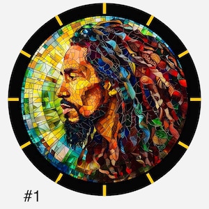 May include: Circular wall clock with a stained-glass effect portrait of a man with dreadlocks. The clock has a black frame with yellow markers. The number "#1" is at the bottom of the clock face.
