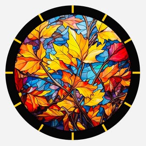 May include: A circular stained glass design featuring a cluster of colourful autumn leaves in shades of red, orange, yellow, and blue. The leaves are arranged in a circular pattern, creating a sense of movement and energy.