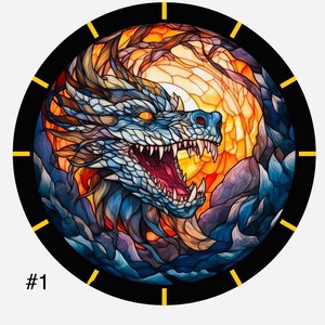 May include: A stained glass clock face featuring a blue and orange dragon design. The dragon is positioned in the centre of the clock face with its mouth open. The clock face is enclosed by a black frame with yellow numbers.
