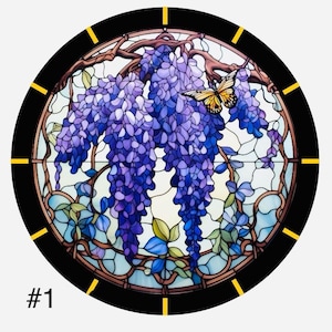May include: A circular stained glass window with a wisteria design. The wisteria is rendered in shades of purple and blue, with a yellow butterfly. The window has a black border with yellow accents and the number "#1" in the lower left corner.