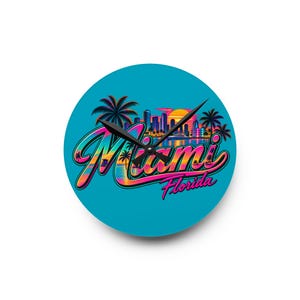 Miami Florida Retro Neonskrift Akryl Väggklocka | Tropisk Palm Solnedgång