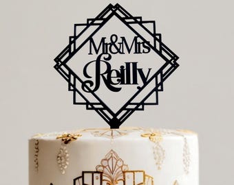 Art Deco Personalized Wooden Cake Topper: Rustic Wedding Decor/ Gatsby