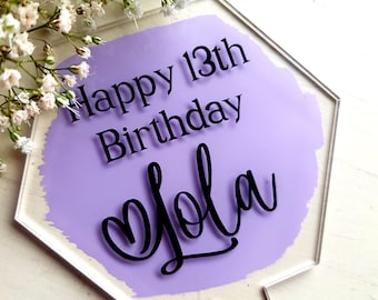Personalized Hand-Painted Acrylic Cake Topper: Happy Birthday, Elegant Design