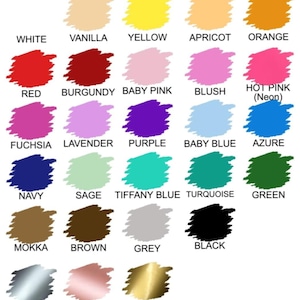 May include: A color chart featuring 28 paint swatches with color names. Colors include white, yellow, red, pink, blue, green, brown, grey, and metallic shades. The text labels each color, such as "White", "Yellow", and "Red".
