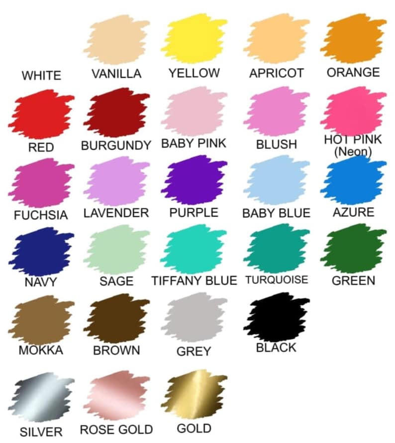 May include: A color chart featuring 28 paint swatches with color names. Colors include white, yellow, red, pink, blue, green, brown, grey, and metallic shades. The text labels each color, such as "White", "Yellow", and "Red".