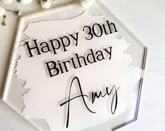 Personalized Hand Painted Acrylic Cake Topper: Happy Birthday, Elegant Design