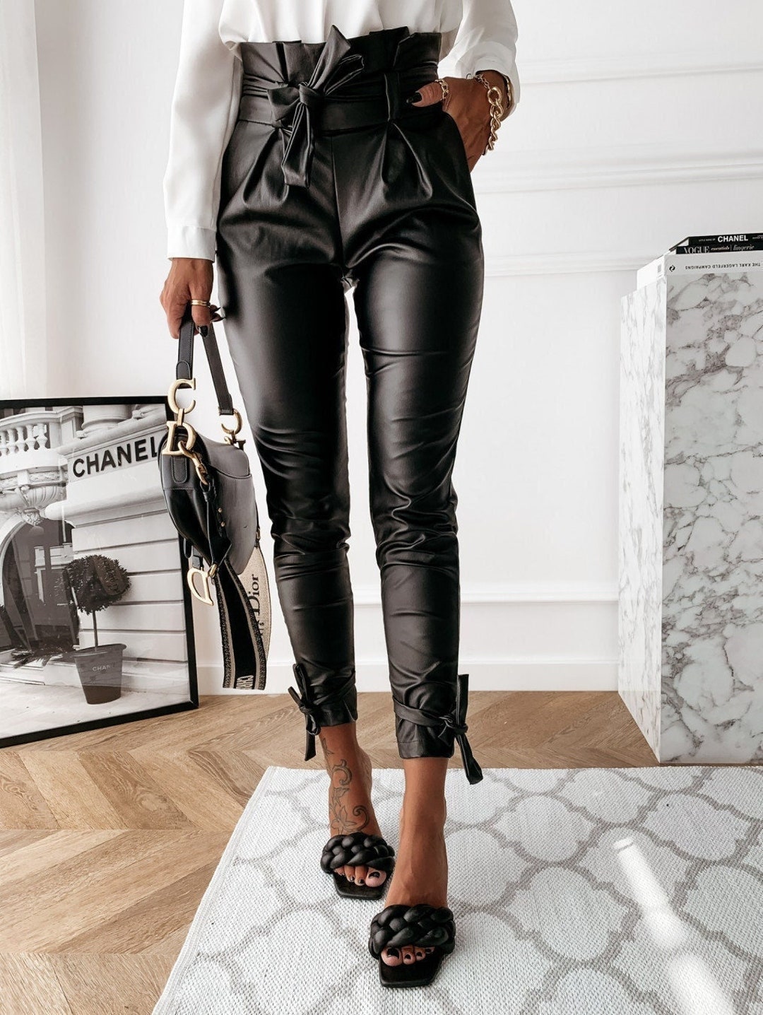 Faux Leather Pants • Vegan Leather pants • Matte Women Pants with Bow Belt