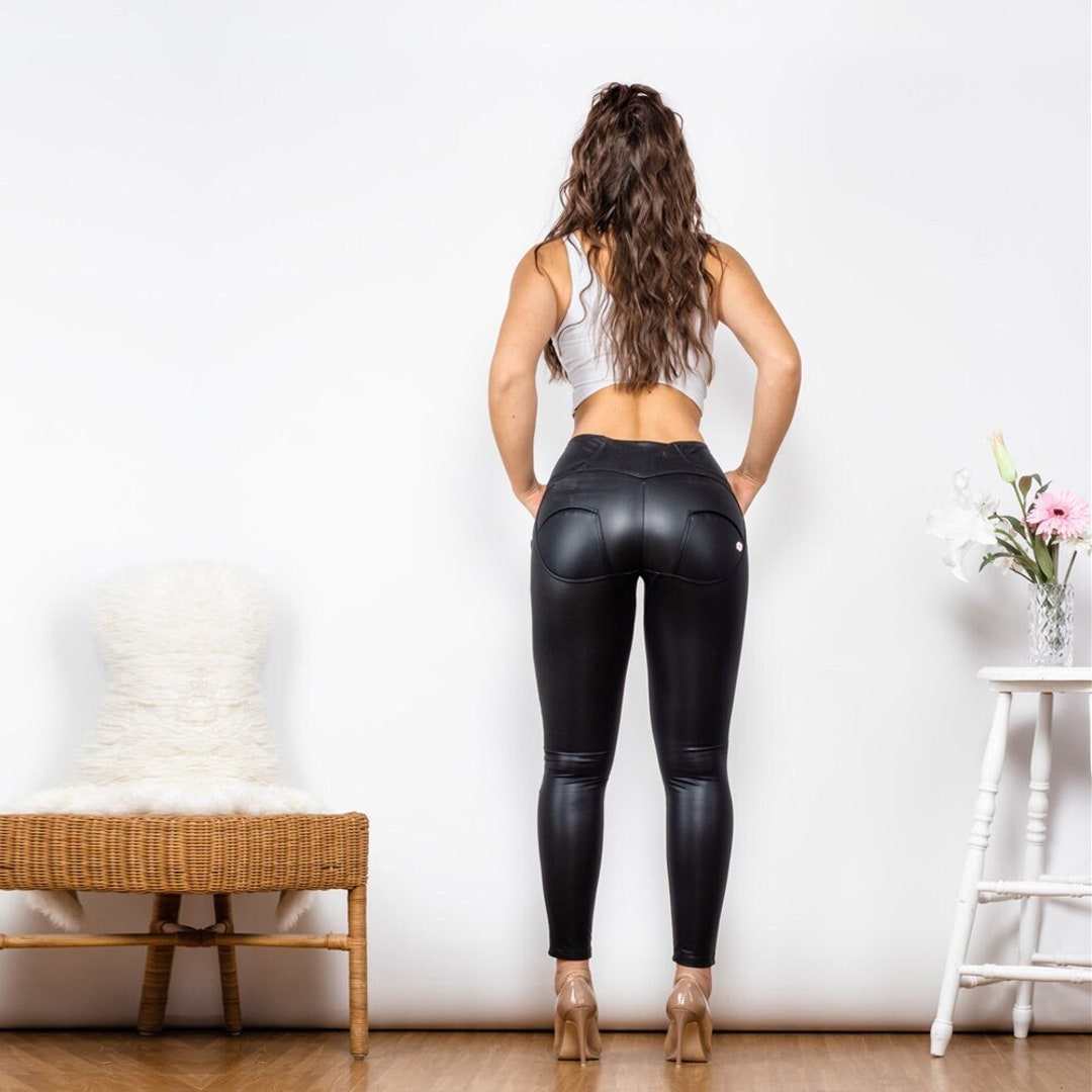 Faux Leather Pants, Shiny Leather Pants, 4-way stretchable tight leather leggings, Matte black Pants