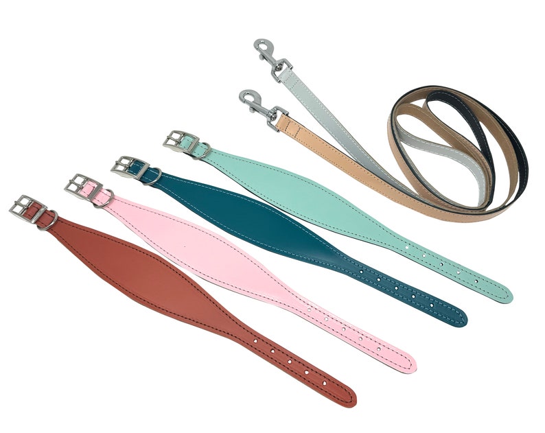 Padded leather hound dog collar & lead set. Pastel colours padded dog collars hand made in the UK from genuine leather