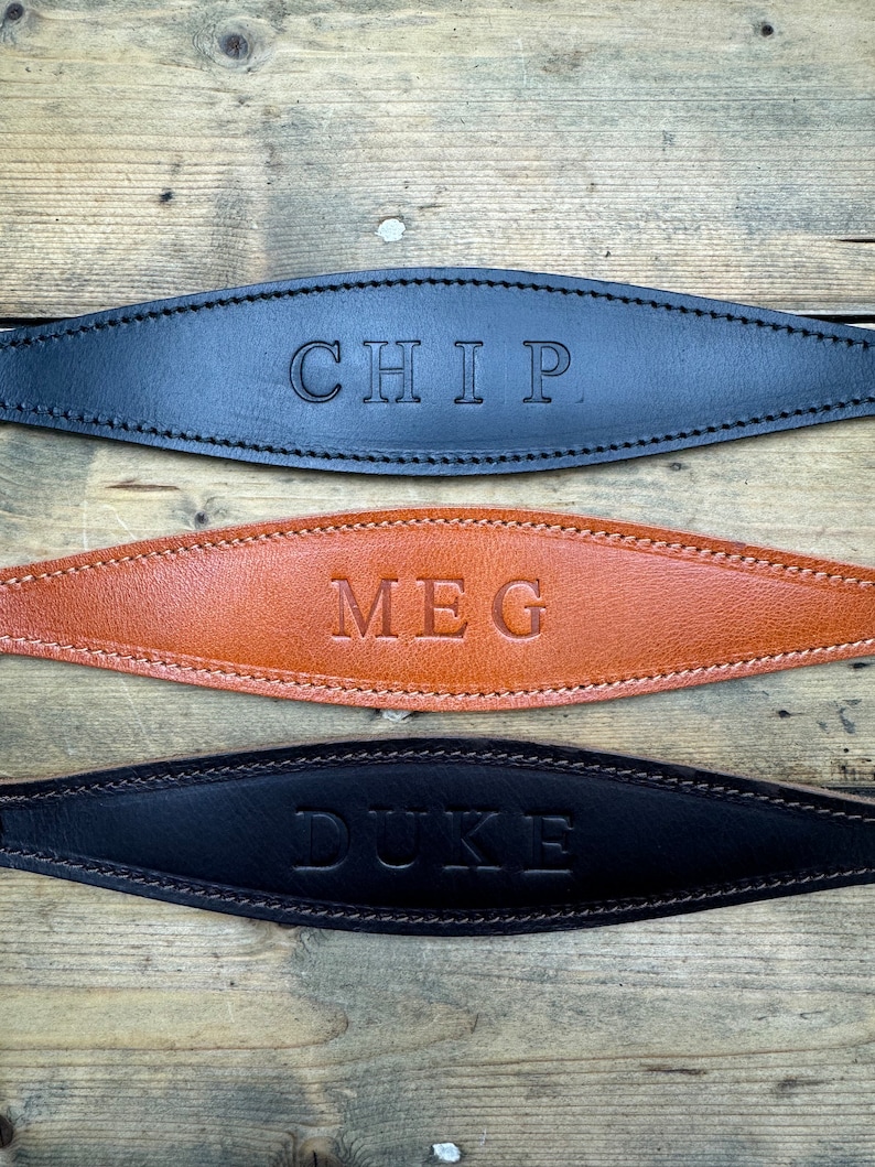 May include: Three leather dog collars with the names "CHIP", "MEG", and "DUKE" embossed on them.