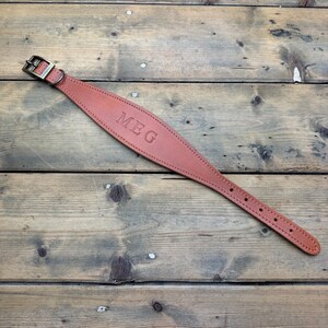 May include: A brown leather dog collar with a brass buckle and the name "MEG" embossed on the front.