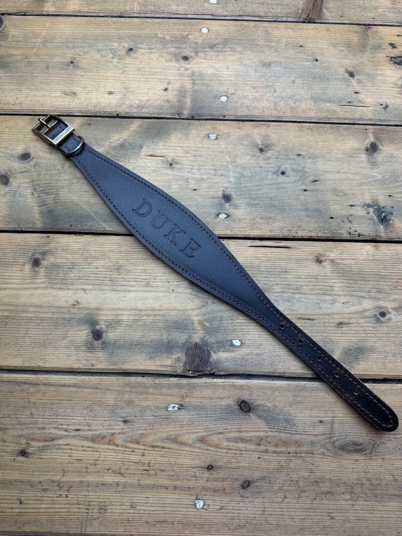 May include: A brown leather dog collar with a brass buckle and the name "DUKE" embossed on the front.