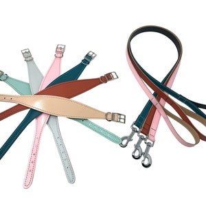 Padded leather hound dog collar & lead set. Pastel colours padded dog collars hand made in the UK from genuine leather