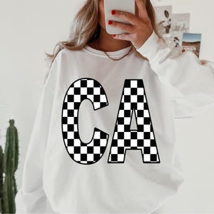 Moletom com a abreviação do estado xadrez personalizado, pulôver com monograma grande e moderno, presente personalizado, gola redonda com letras gráficas estilosas