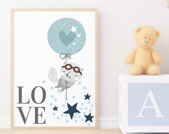 Love Digital Print, a flying cute animal holding onto a Blue Balloon, Pastel Blue & Grey Colours, Stars and heart, Boys Nursery or Bedroom